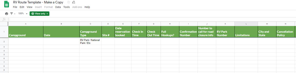Google sheets document used for RV route planning.